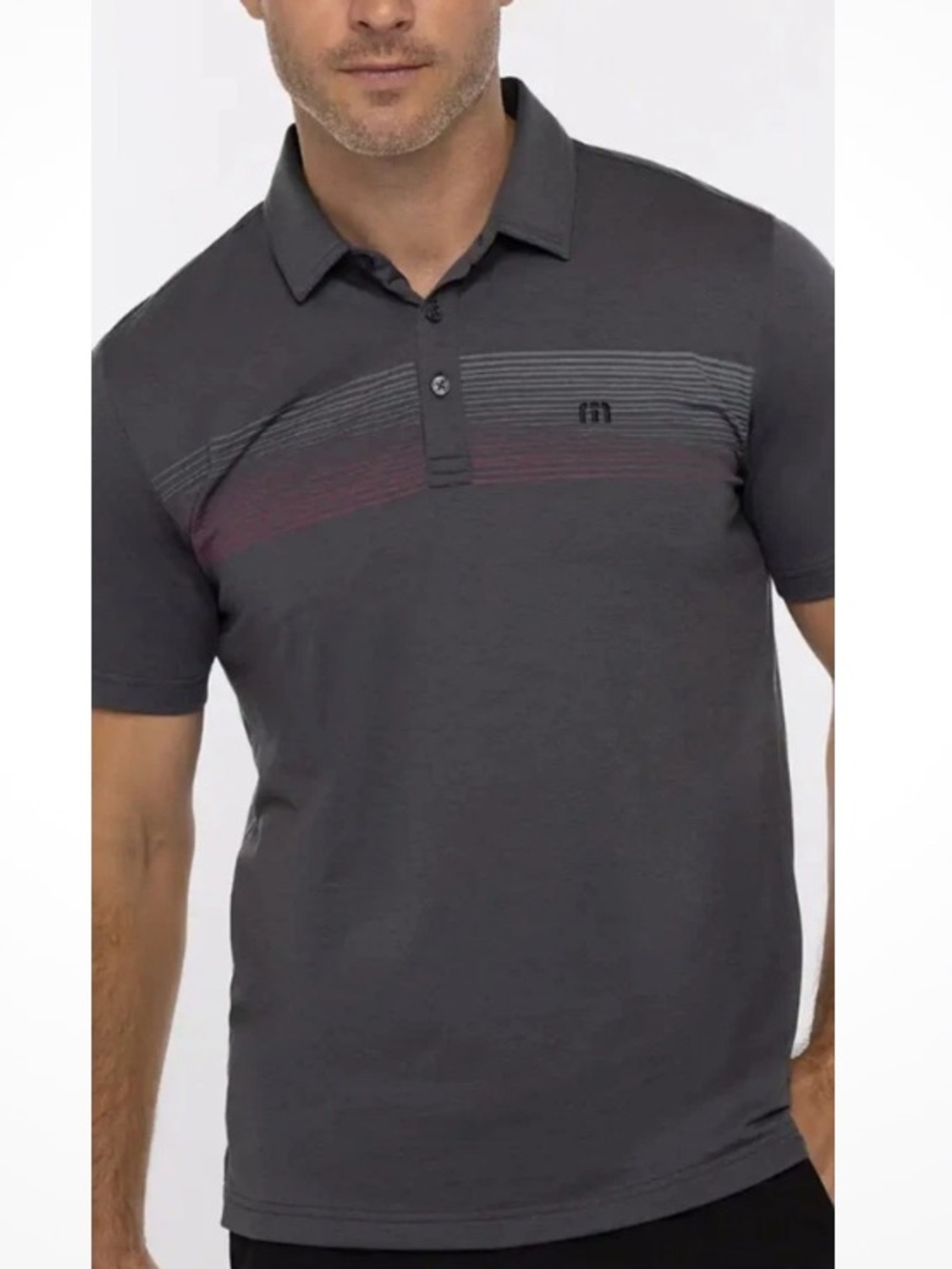 Travis Mathew Charcoal Polo with Subtle Striped Chest Accent